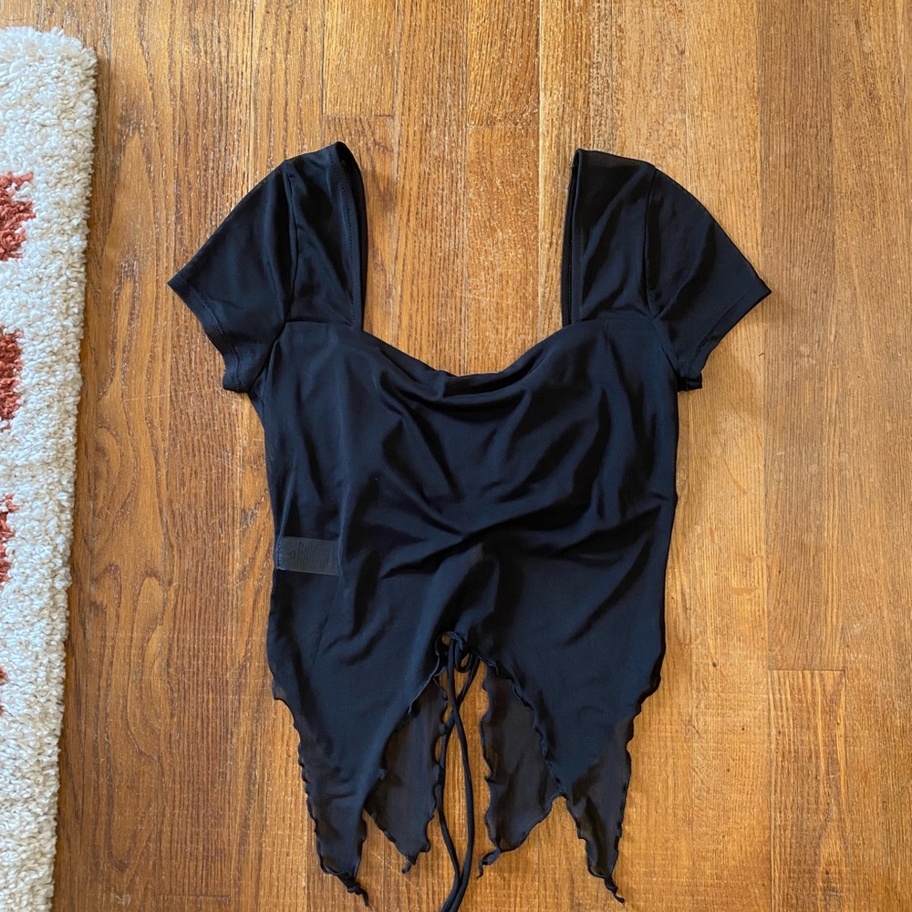 Black Ruched Tie Front Ruffle Blouse - Picture 2 of 3